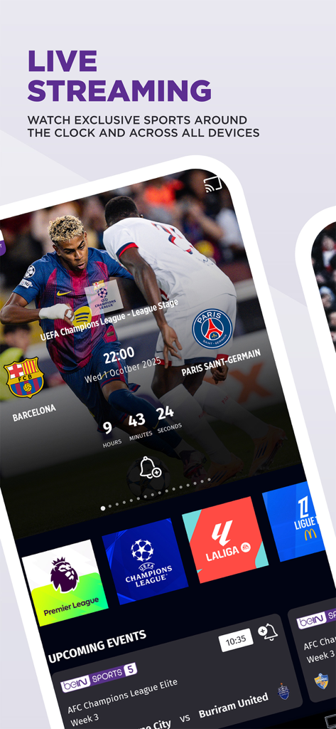beIN CONNECT app interface showing live soccer streaming with Champions League and LaLiga logos