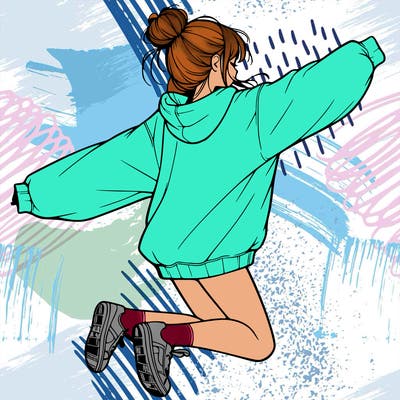realistic girl jumping with a bun and oversized sweatshirt