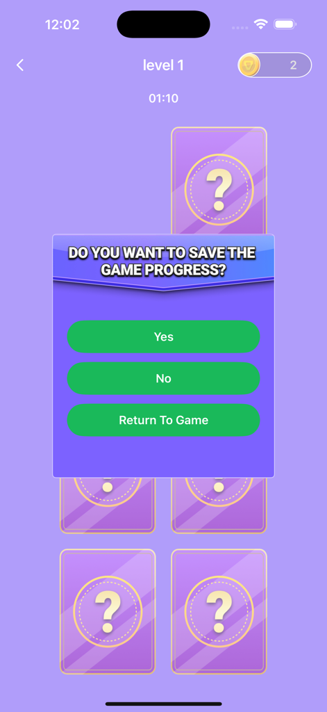 Yanidube - A screenshot of Yanidube memory game showing a save progress prompt during level one gameplay