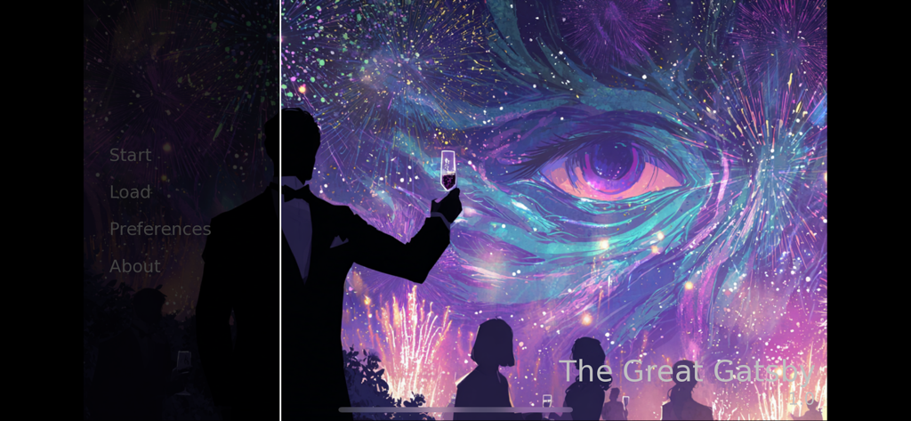 Great Gatsby - Menu principal do aplicativo de novela visual Great Gatsby com uma ilustração estilizada de um homem de smoking e um olho cósmico.