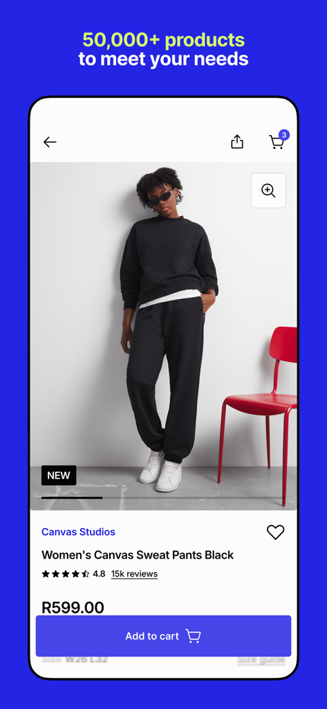 Pantalla de la app Bash mostrando una página de producto de pantalones de chándal negros para mujer con un botón de añadir al carrito