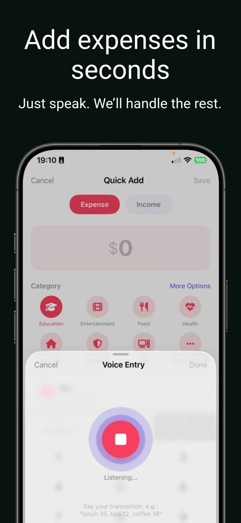 WeCount · Family Shared Budget - Interfaz de entrada de voz para agregar gastos en la aplicación de presupuesto familiar compartido WeCount