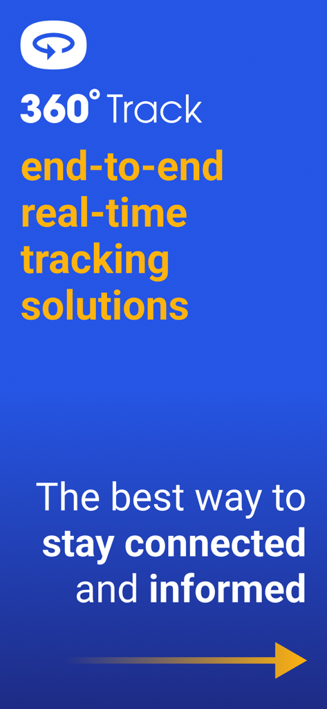 360° Track - 360 Track アプリの紹介画面。エンドツーエンドのリアルタイム追跡ソリューションを強調しています。
