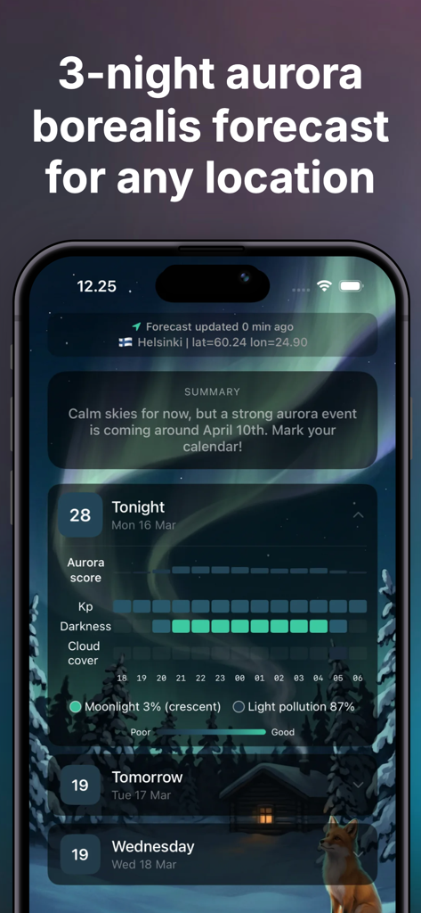Aurora Forecast Alerts - Revon - Revon app screen displaying a three night northern lights forecast and visibility data