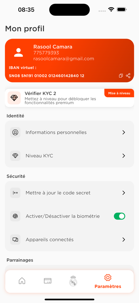 User profile and settings screen in Galactique CI app showing account details and security options