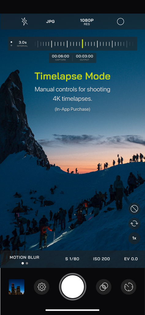 Pro Camera by Moment - Pro Camera by Moment app interface showing manual timelapse mode controls over a snowy mountain landscape