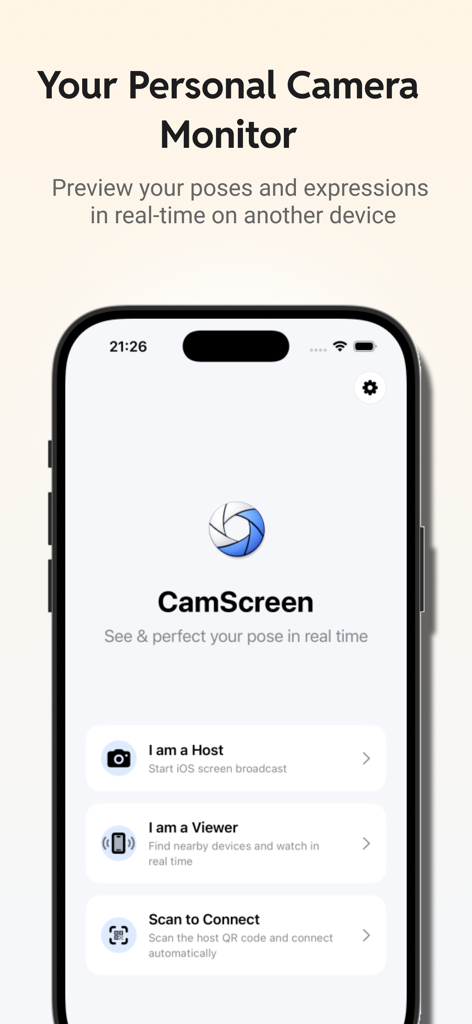 CamScreen: Photo Monitor - CamScreenアプリのホーム画面。リアルタイムカメラモニタリングのためのホストとビューアの接続オプションが表示されています