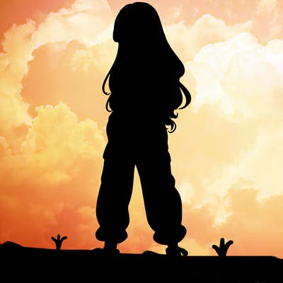 girl in baggy pants crop top and long hair