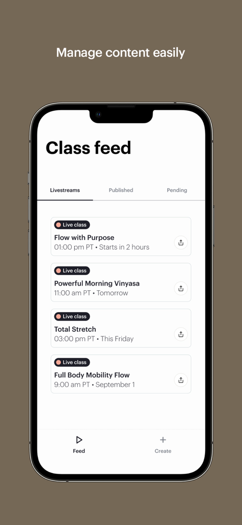 Glo Business app class feed showing scheduled yoga and fitness livestreams