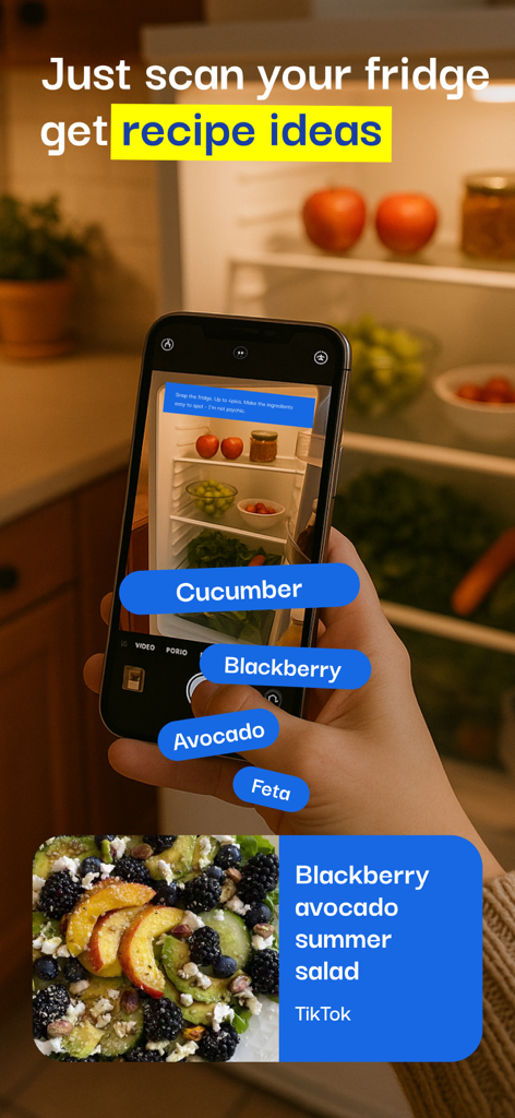 A person using a smartphone to scan a refrigerator and get AI generated recipe ideas based on available ingredients like avocado and feta
