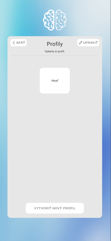 Mind-Fit - Interfaccia dell'app Mind-Fit che mostra la gestione del profilo utente con opzioni per selezionare un profilo ospite o crearne uno nuovo.