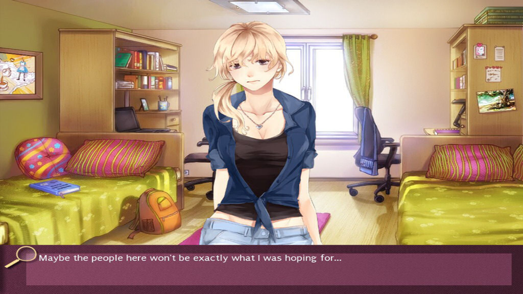 Nicole - The main character Nicole standing in her college dorm room in a scene from the visual novel game.