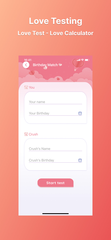 Crush Love Calculator Test - Birthday compatibility test screen with name and date input fields in the Crush Love Calculator app