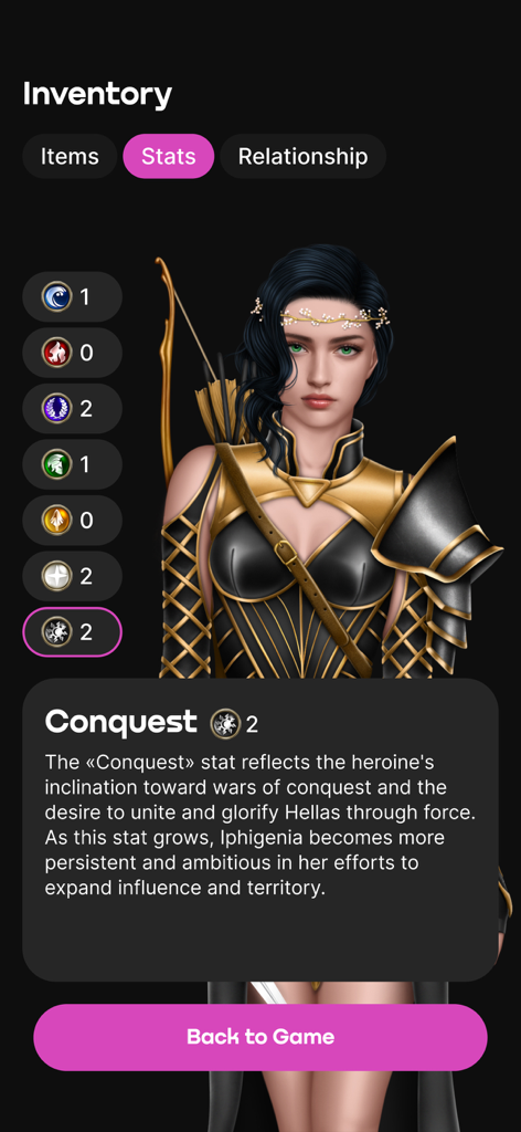 Pantalla de inventario mostrando las estadísticas del personaje y una heroína de fantasía en Lovel Love Story Games.