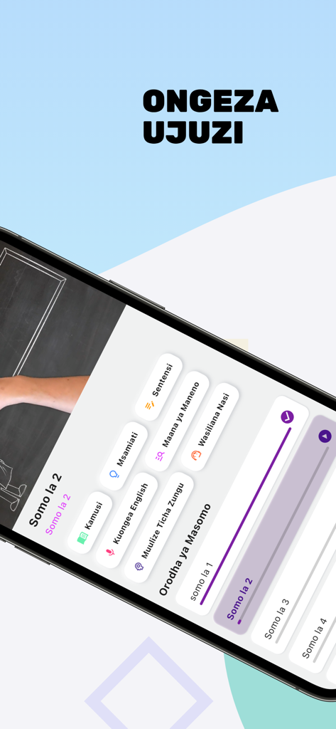 Ticha Zungu - Interfaccia dell'app Ticha Zungu 2.0 che mostra moduli di lezione e opzioni di mentoring AI