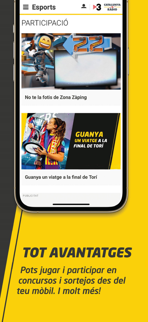 Esport3 mobile app screen showing interactive sports contests and prize participation.