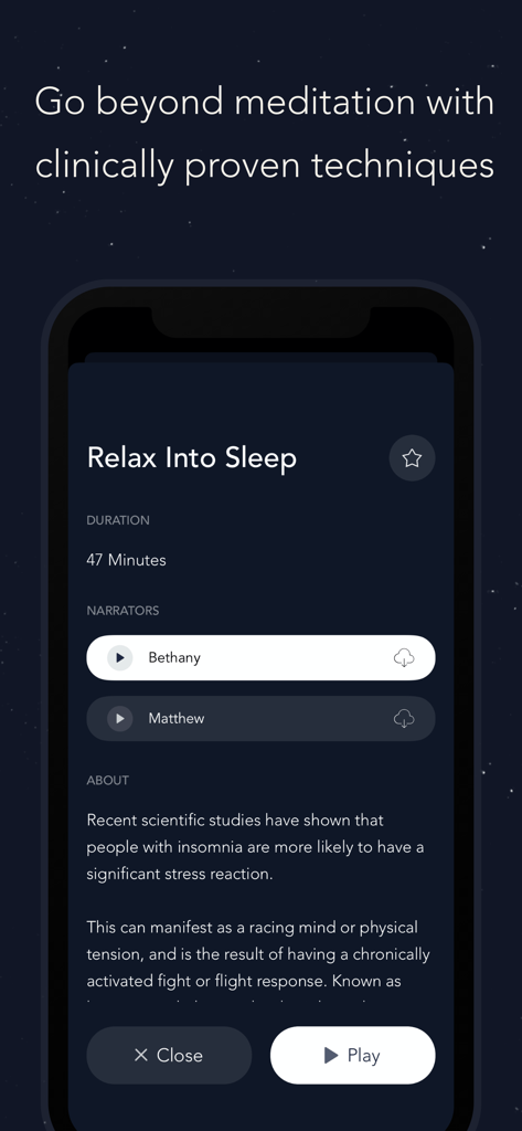 Schermata della sessione di sonno dell'app Pzizz che mostra una sessione Rilassati fino ad addormentarti con opzioni di narrazione e informazioni sulla ricerca clinica