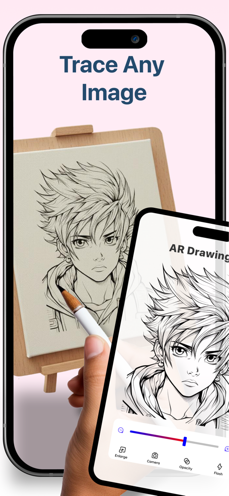 A person using the AR Drawing feature in the Drawing Desk app to trace an anime character onto a physical canvas