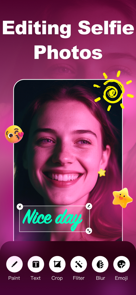 GlowCam Light:Selfie Camera - Interface of the GlowCam app showing a selfie with pink lighting being edited with text and stickers