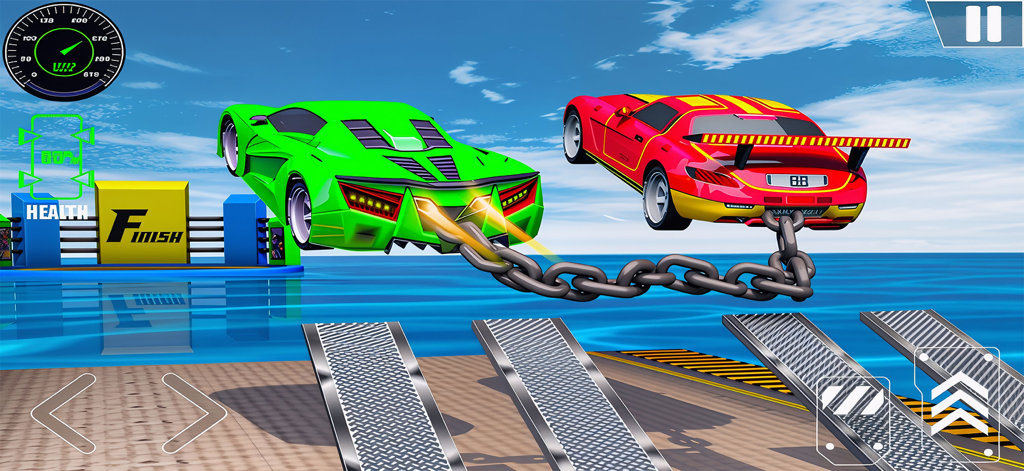 Car crash Destruction Derby 3d - Two sports cars linked by a chain jumping over metal ramps in a demolition derby arena