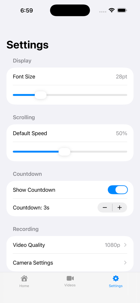 Teleprompter Pro for Creators - Settings screen of the Teleprompter Pro app showing controls for font size scrolling speed and video quality