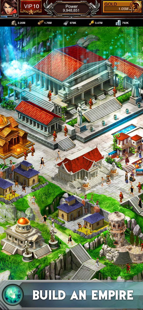 Gameplay screenshot of Game of War Fire Age showing an ancient city being built with temples and resource counters
