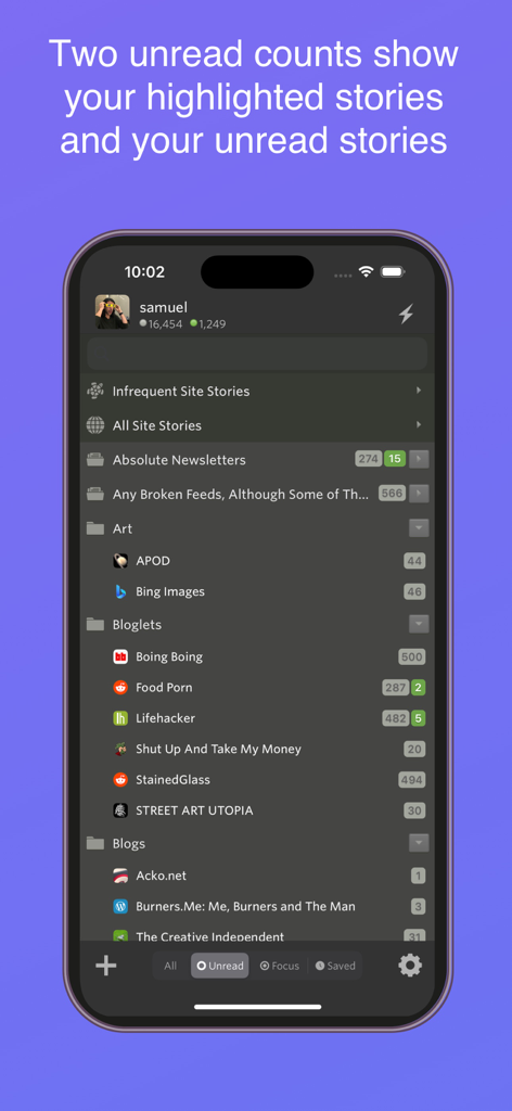 NewsBlur - NewsBlur App-Oberfläche, die eine Liste von RSS-Feeds und Ordnern mit hervorgehobenen und ungelesenen Story-Zählungen anzeigt.