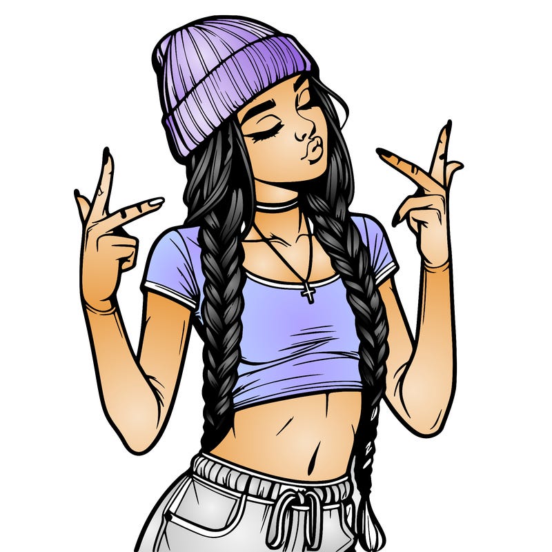 realistic teenage girl with braids and a beanie and crop top doing 🫶🏼