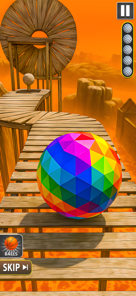Rollance Sky Rolling Ball Game - Uma bola geométrica colorida rolando em uma ponte de madeira em um ambiente celestial desértico.