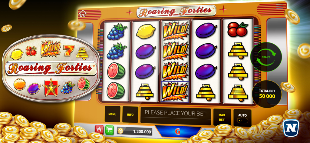Gaminator Casino Slots & Games - Gaminator Casino Roaring Forties 슬롯 머신 게임 화면, 과일 기호와 와일드 아이콘 표시