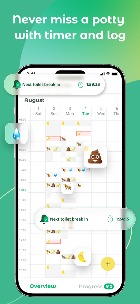 Smartphone screen showing the Dogo app potty training schedule and countdown timer for the next toilet break