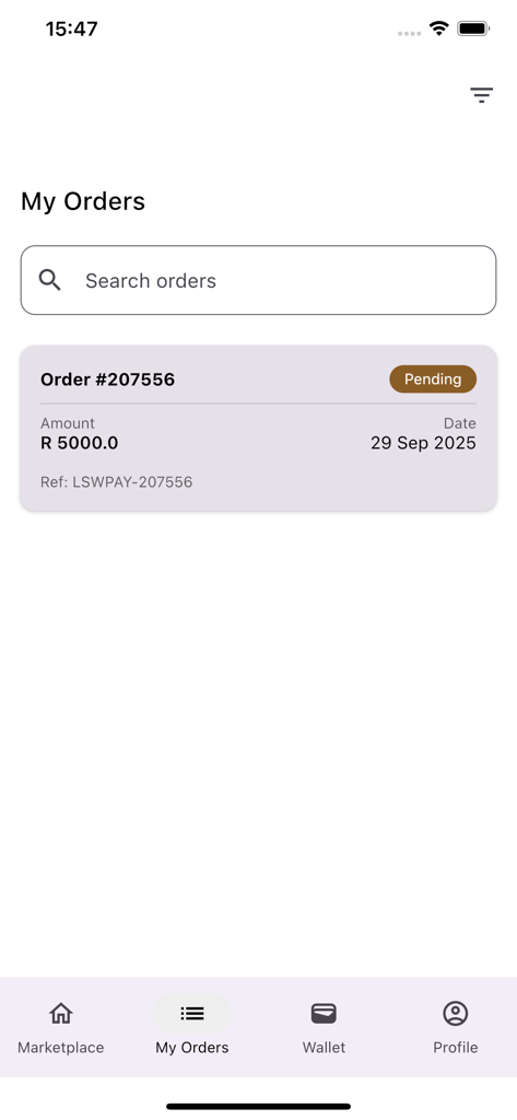 Livestock Wealth - A mobile interface of the Livestock Wealth app showing the My Orders screen with a pending livestock investment.