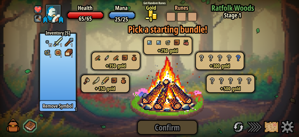 Spin Hero - Pantalla de selección de paquete de inicio en Spin Hero que muestra varios equipos y opciones de oro alrededor de una fogata