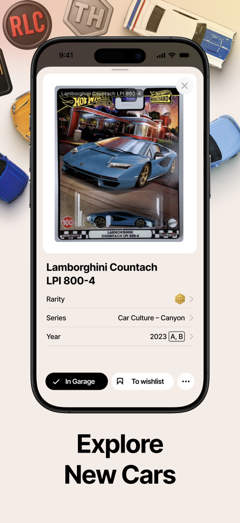 Die Carz: Hot Wheels Tracking - A screenshot of the Die Carz app showing details for a collector Lamborghini Countach including its rarity and series