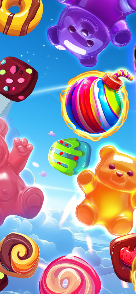 Colorful gummy bears and sweets floating in a bright blue sky with clouds