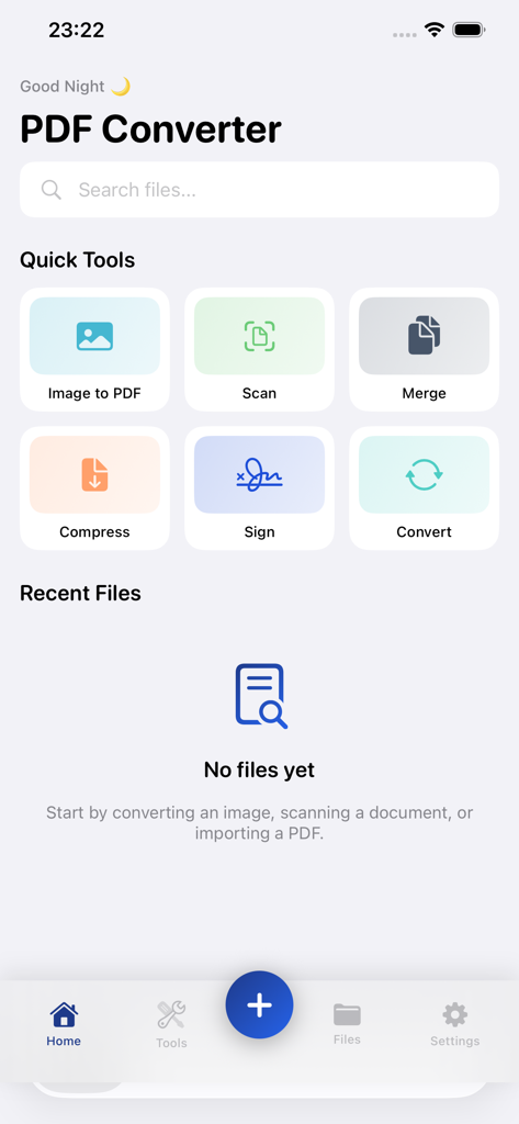 PDF: Converter - PDF Converter mobile app interface showing quick tools for scanning, signing, and converting documents.