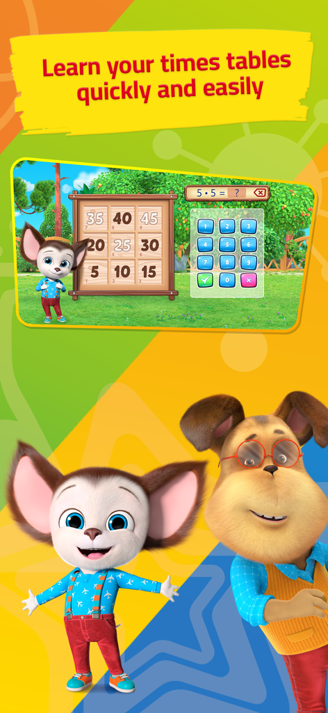 Math Learning game for kids 1C - Cartoon-Hundefiguren präsentieren ein Multiplikationstabellen-Spiel für Kinder