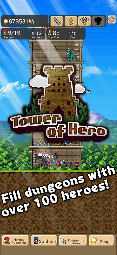 Tower of Hero - Jugabilidad de Tower of Hero mostrando muchos héroes llenando una mazmorra de torre vertical