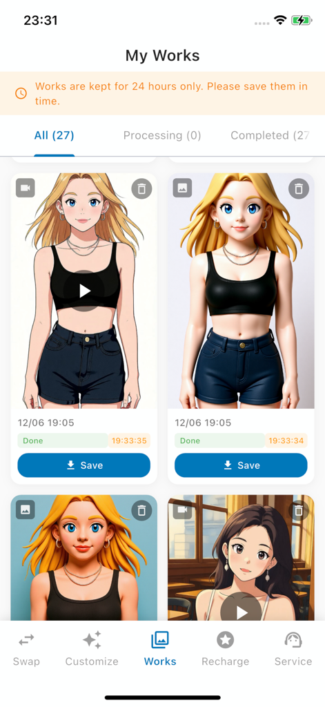 A gallery screen showing various AI generated portraits in anime and figurine styles in the AImagica app