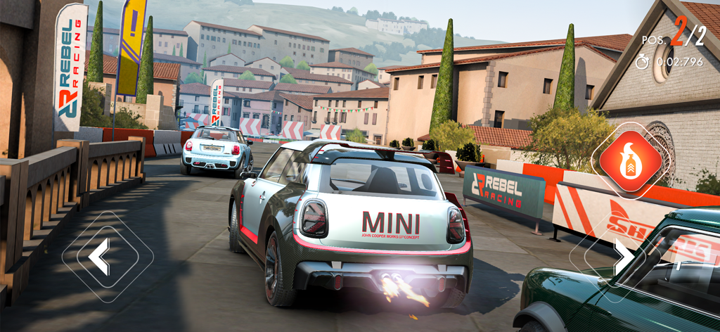 A Mini Cooper car using nitro boost during a street race in Rebel Racing