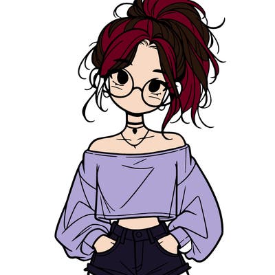 girl with a messy ponytail glasses a baggy crop top and jean shorts