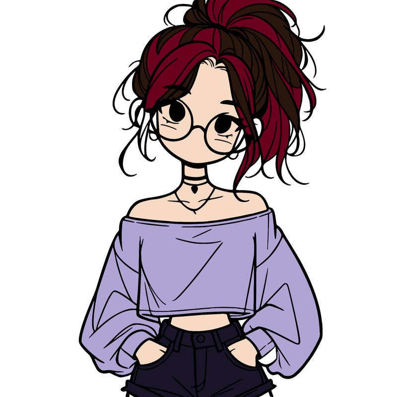 girl with a messy ponytail glasses a baggy crop top and jean shorts