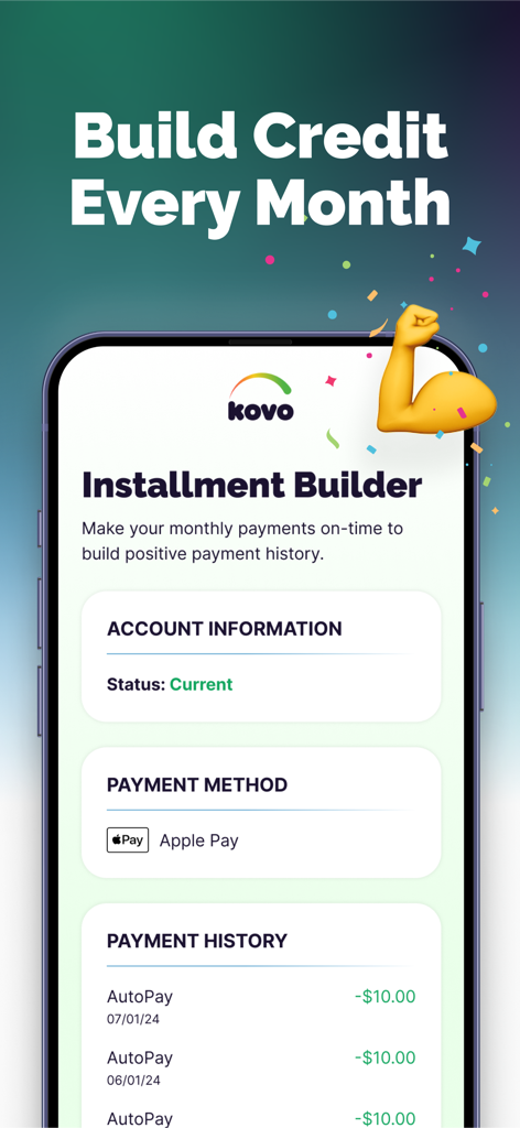 Mobile app interface of Kovo showing the Installment Builder feature with payment history and account information.