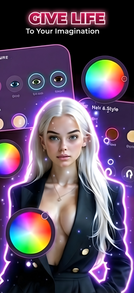 AI Dating: Blush - Interface for creating a personalized AI partner with color customization wheels and a realistic female avatar