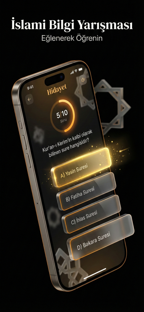 Hidayet: İslami Asistanınız - Hidayet app Islamic knowledge quiz interface on a smartphone screen