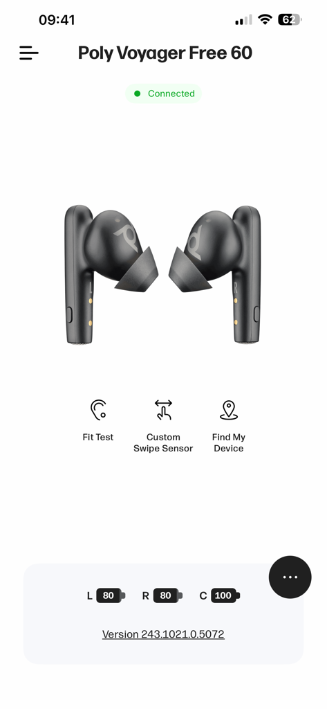 HP Poly Studio Mobile - Interface de l'application HP Poly Studio Mobile montrant les écouteurs Poly Voyager Free 60 connectés avec les niveaux de batterie et les raccourcis des fonctionnalités.