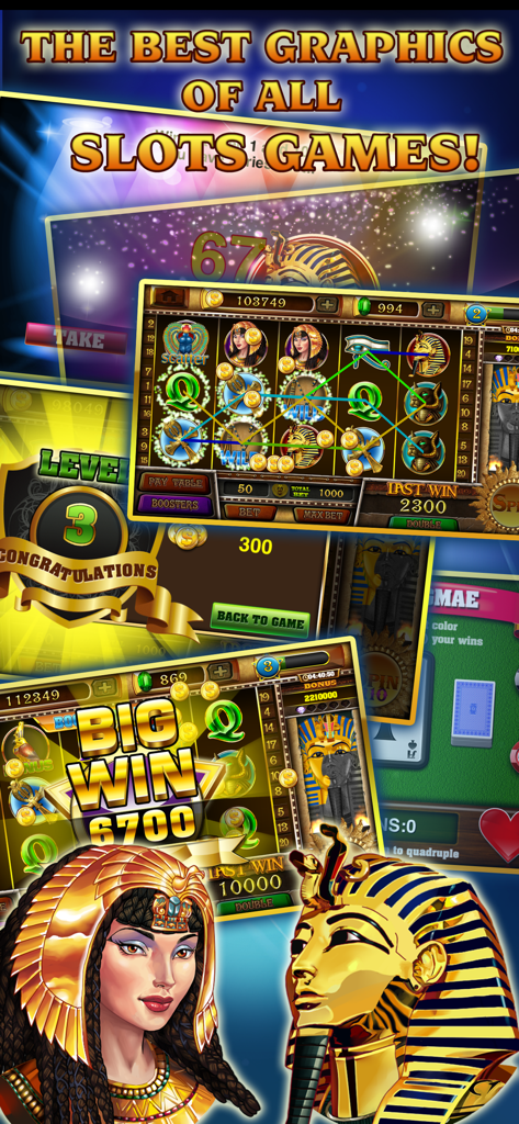 Slots - Pharaoh's Treasure - Collage di gameplay di Slot Tesoro del Faraone che mostra la grafica dell'antico Egitto e notifiche di grandi vincite
