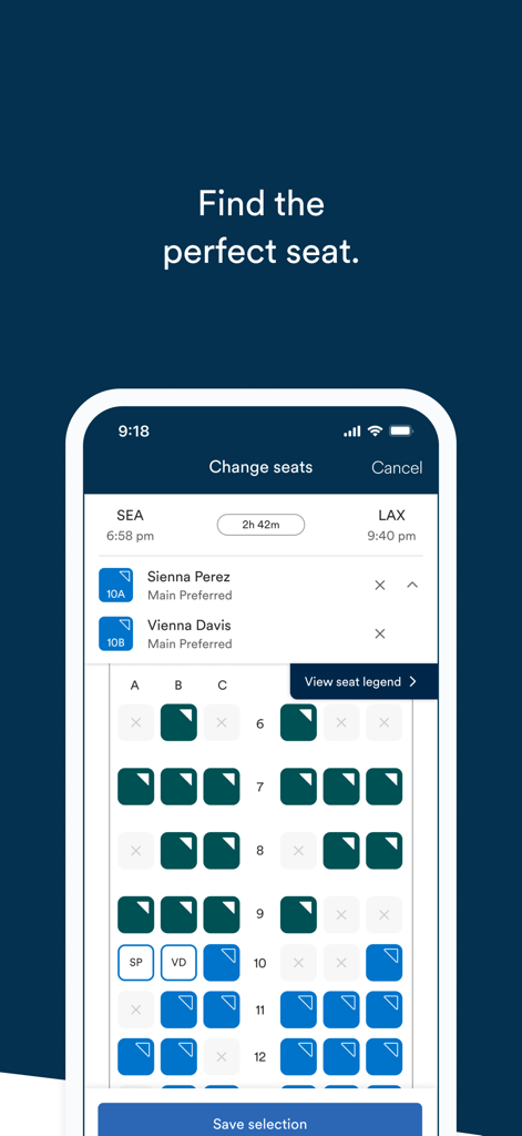 アラスカ航空アプリの座席選択画面。シアトルからロサンゼルスへのフライトの座席マップが表示されます。