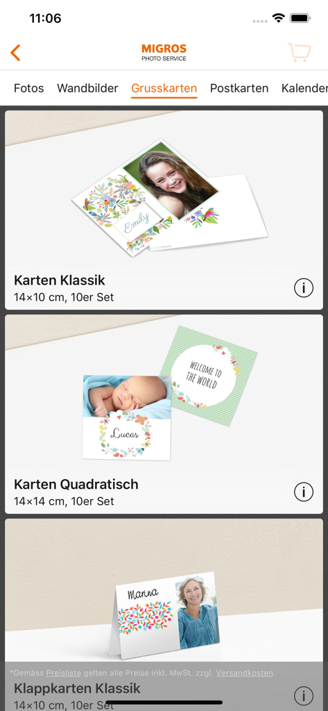 Migros Photo Service - Mobile app screen showing customizable greeting cards including classic and square formats with personal photos