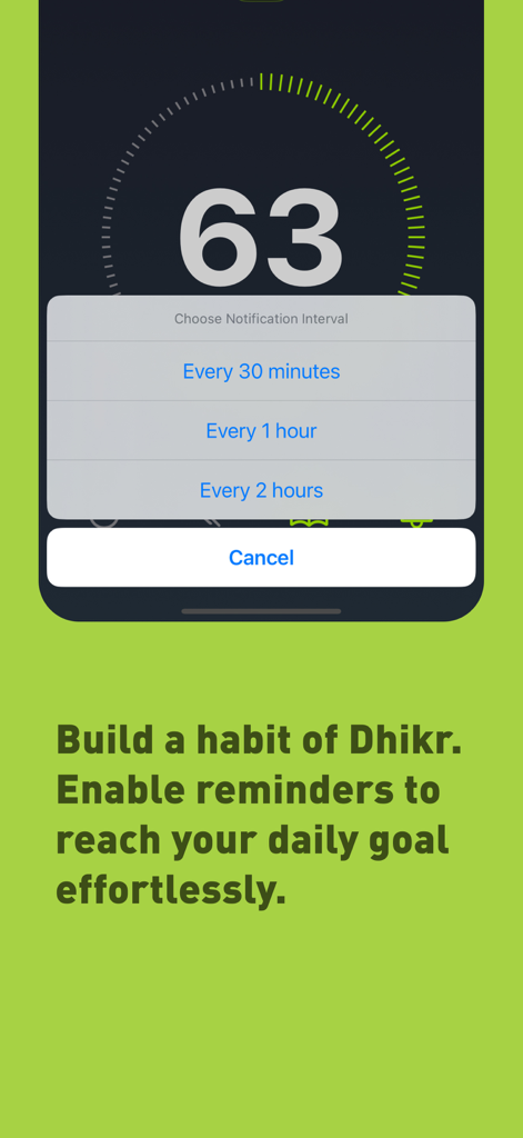 Interfaz de la aplicación Kalimatan que muestra opciones de intervalo de notificación para recordatorios de Dhikr y un contador de progreso diario